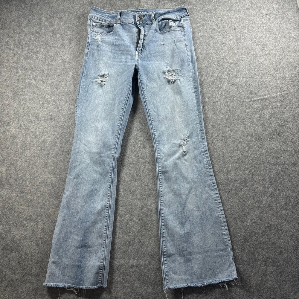 American Eagle Hi-Rise Artist Flare Jeans Women 12 Long Blue Distressed Raw Hem